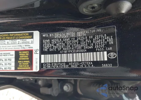 2014 Toyota Camry L z USA, uszkodzony, nr VIN 4T1BF1FK3EU859004